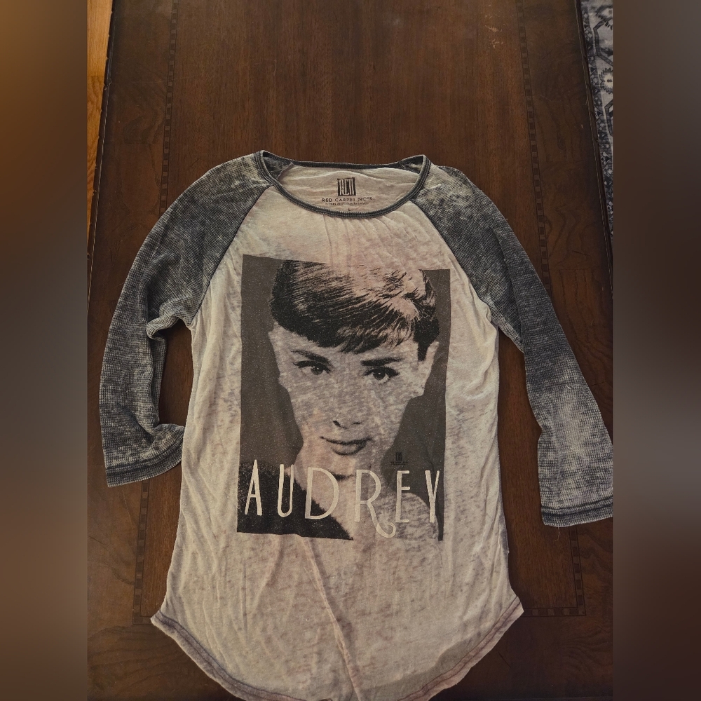 women large sheer 3/4 sleeve tee with Audrey on front
